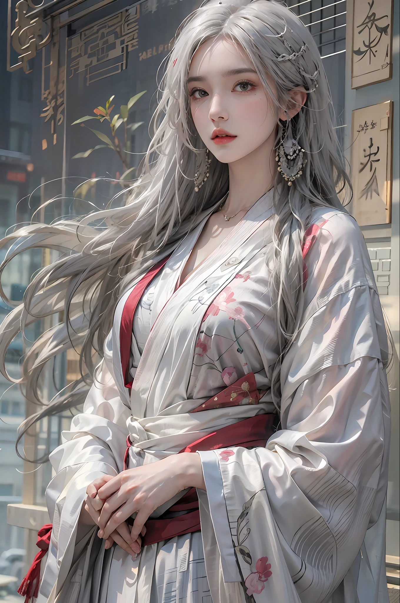 photorealistic, high resolution, 1women, solo, hips up, look at viewer, (detailed face), white hair, long hair, Taoist robe,oversized clothes, jewelry, midjourney portrait