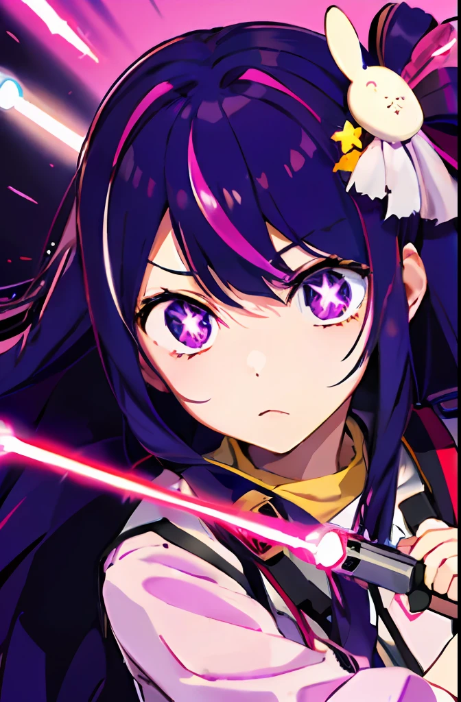 solo, Hoshino Ai, long hair, purple hair, streaked hair ,purple eyes, star-shaped pupils, hair ornament, showcasing her skills with a lightsaber swinging