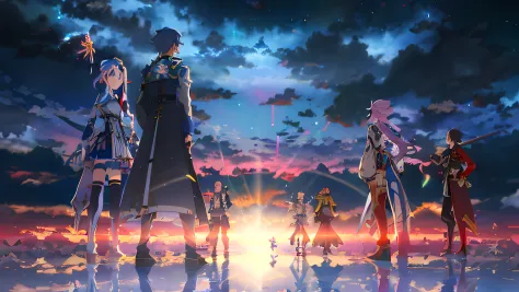 Anime characters standing in front of sunset over a rainbow, sword art online, sao style anime, As estrelas, popular isekai anim...