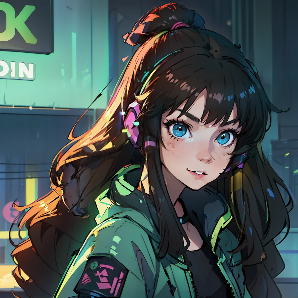 Create a girl with long messy black hair and brown eyes, smiling, gamer,, monitor, night time, good quality, perfect anatomy, 8k, masterpiece, by (Holaxes), long hair, messy hair, neon, headphones, cyberpunk, neon green, neon yellow, neon blue, cyberwave, best Character Design