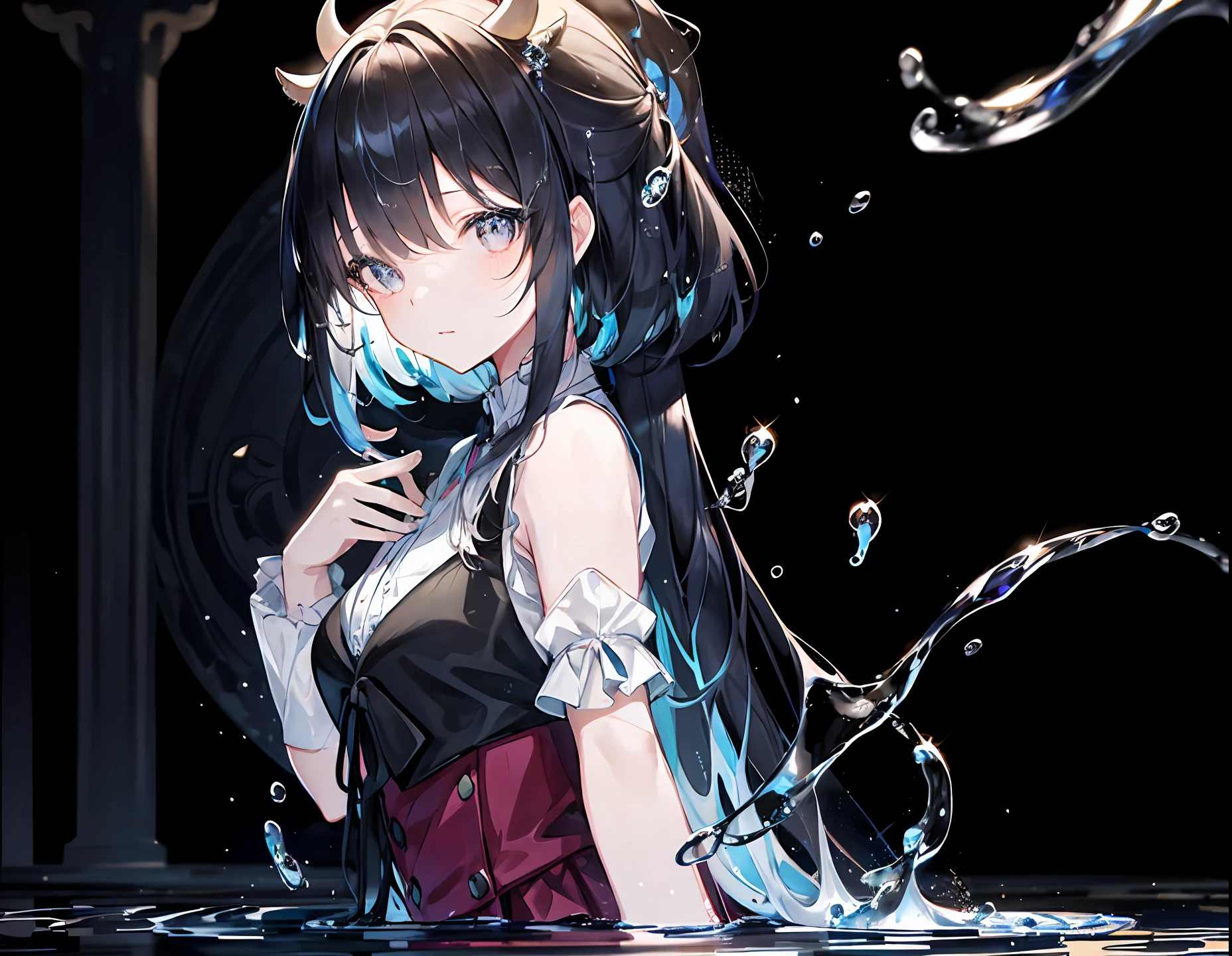 （Background with）， tmasterpiece， best qualtiy， illustration， the wallpaper， hyper-detailing， absurderes， 1girll， 独奏， （liquid hair：1.2）， beatiful detailed eyes，By bangs， cow boy shot， long whitr hair， idoly， brunette color hair， wave， Eau， water dripping， Looks to the side， wading，
（stage：1.5）