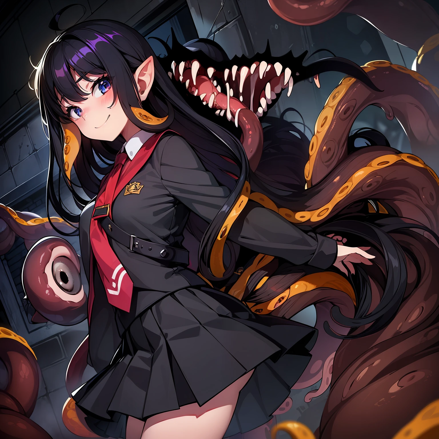 ((Girl fused with tentacles. Tentacles from the skirt)). . Black costume. A dark-haired. The long-haired. Cropped bangs. natta.two eyes sticking out of the head,,. facing front. A creature with a large mouth peeks out from above. Invincible smile. Short skirt. natta. Back alley