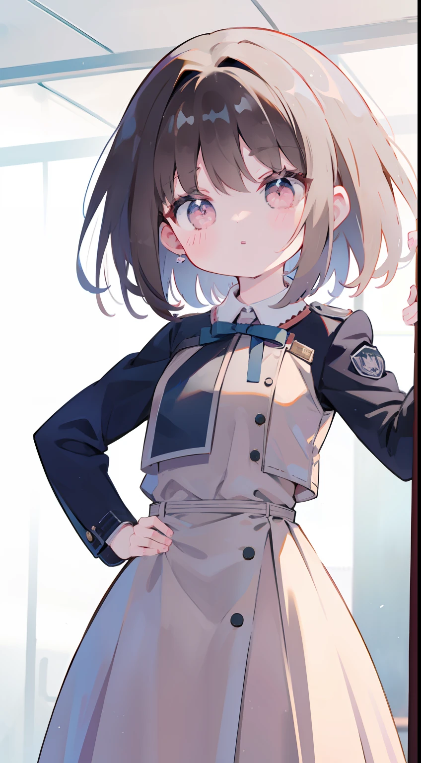 chibi、Uniforme militaire rose、jupe près du、ruban arc、Visage impassible、arriver、Yeux suspendus、mettre les mains sur la hanche、chef d&#39;oeuvre、Qualité d&#39;image supérieure、qualité supérieure、mignon petit