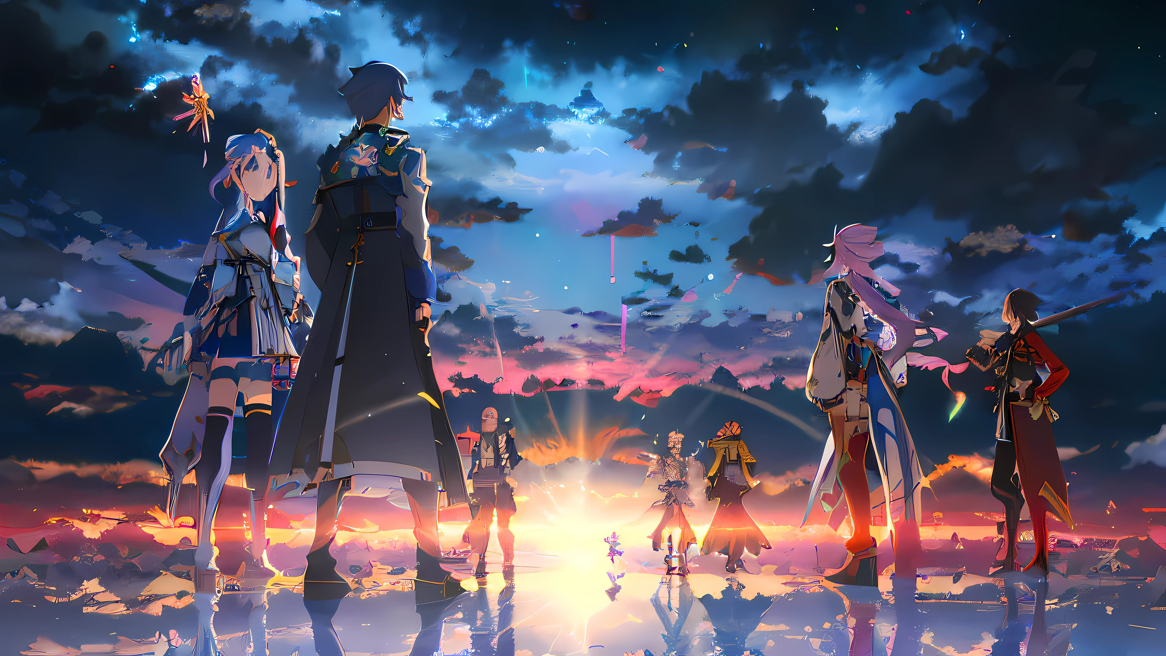 Anime characters standing in front of sunset over a rainbow, sword art online, sao style anime, As estrelas, popular isekai anime, key art, key visual, anime key visual concept art of, anime key art, visual novel key visual, high detailed official artwork, Alicization, anime background key visual, Official anime artwork, grimgar, anime key visual concept