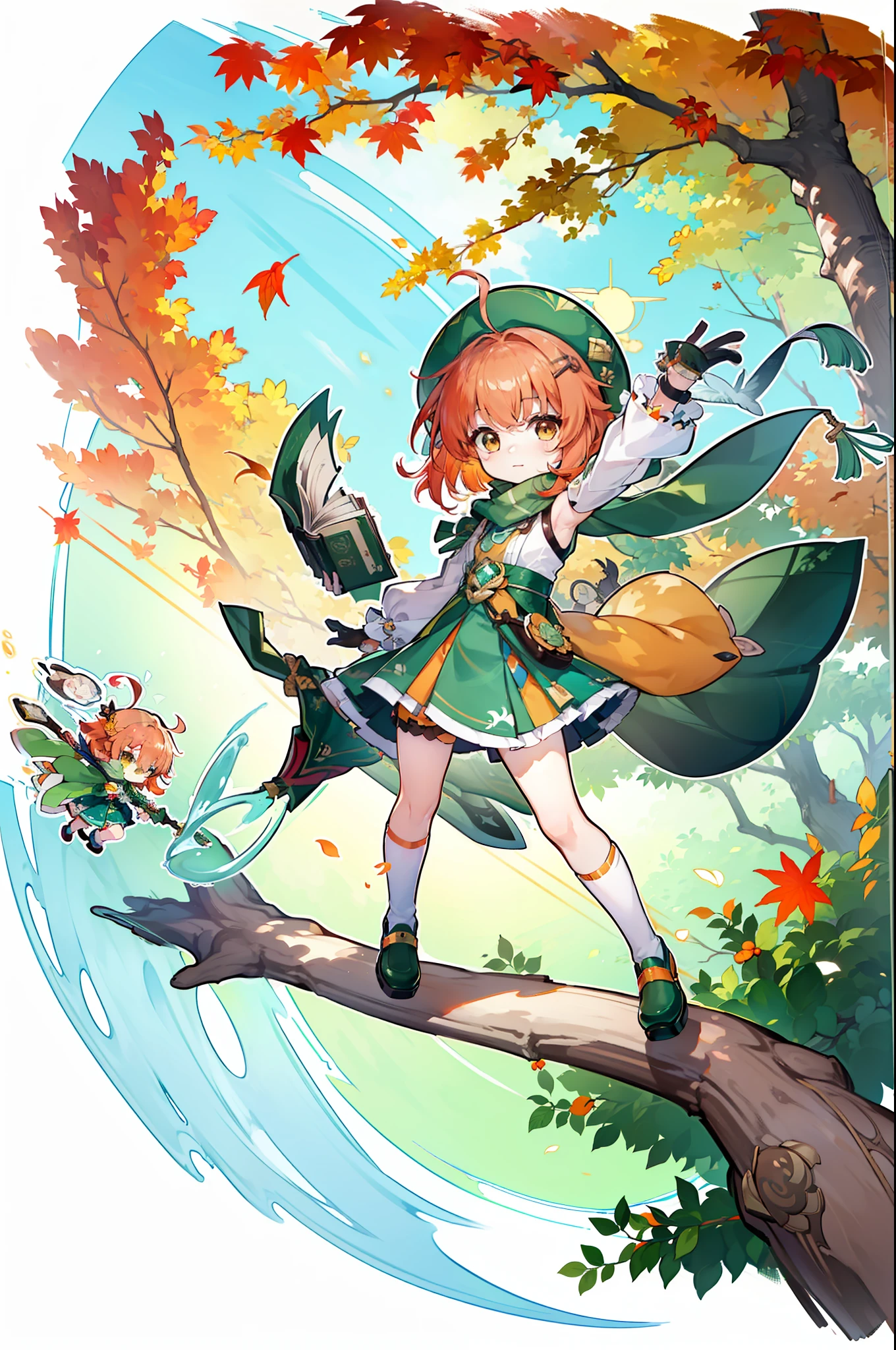 (masterpiece), best quality, expressive eyes, perfect face, ((small, cartoon, anime)), happy, tiny, cute, young girl, short hair, simple design, bangs, ((green hat, brown sling bag, green scarf, gloves, skirt, shoes)) young, ((brown eyes, green reflections, orange highlights)), (unique outfit, patterns, long cape, tree design on skirt, long-sleeved with leaves, cuffs, knee high socks, shirt asymmetry, orange hair, hair pin, flying book), fullbody, full body, splash screen, (swirling background, dynamic scene, autumn, ahoge) 18th century clothing, genshin impact, green ivy cap, green hat, sling bag, ((young girl, , young lady, , chibi, small, tiny, cute))