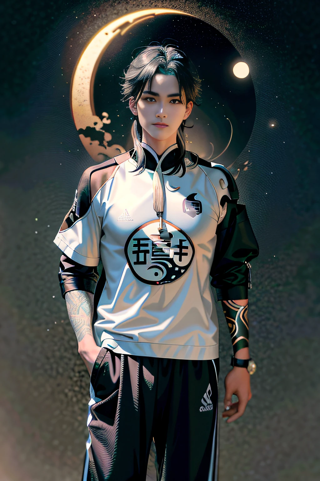 There was a man with tattoos on his arms and shirt, inspired by Fan Qi, in the style of sifu 🔥 😎 🕹️ 👀 :2, lunar themed attire, inspired by Liao Chi-chun, inspired by Wu Bin, inspired by Itō Ogura Yonesuke, Inspired by Gong Li, Inspired by Gong Xian's fantasy starry sky，Tai Chi gossip，yin yang，Handsome boy，Modern attire，sport outfit，The face is calm，See through everything，modern urban，modern day，Eyes are normal