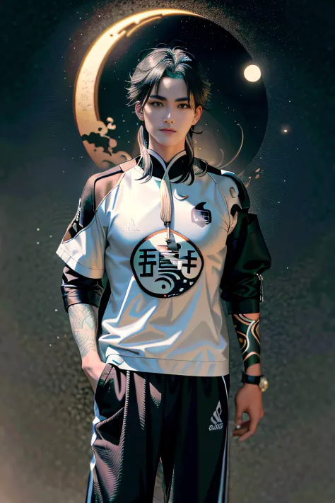 There was a man with tattoos on his arms and shirt, inspired by Fan Qi, in the style of sifu 🔥 😎 🕹️ 👀 :2, lunar themed attire, i...