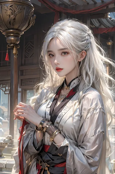 photorealistic, high resolution, 1women, solo, hips up, look at viewer, (detailed face), white hair, long hair, taoist robe,over...