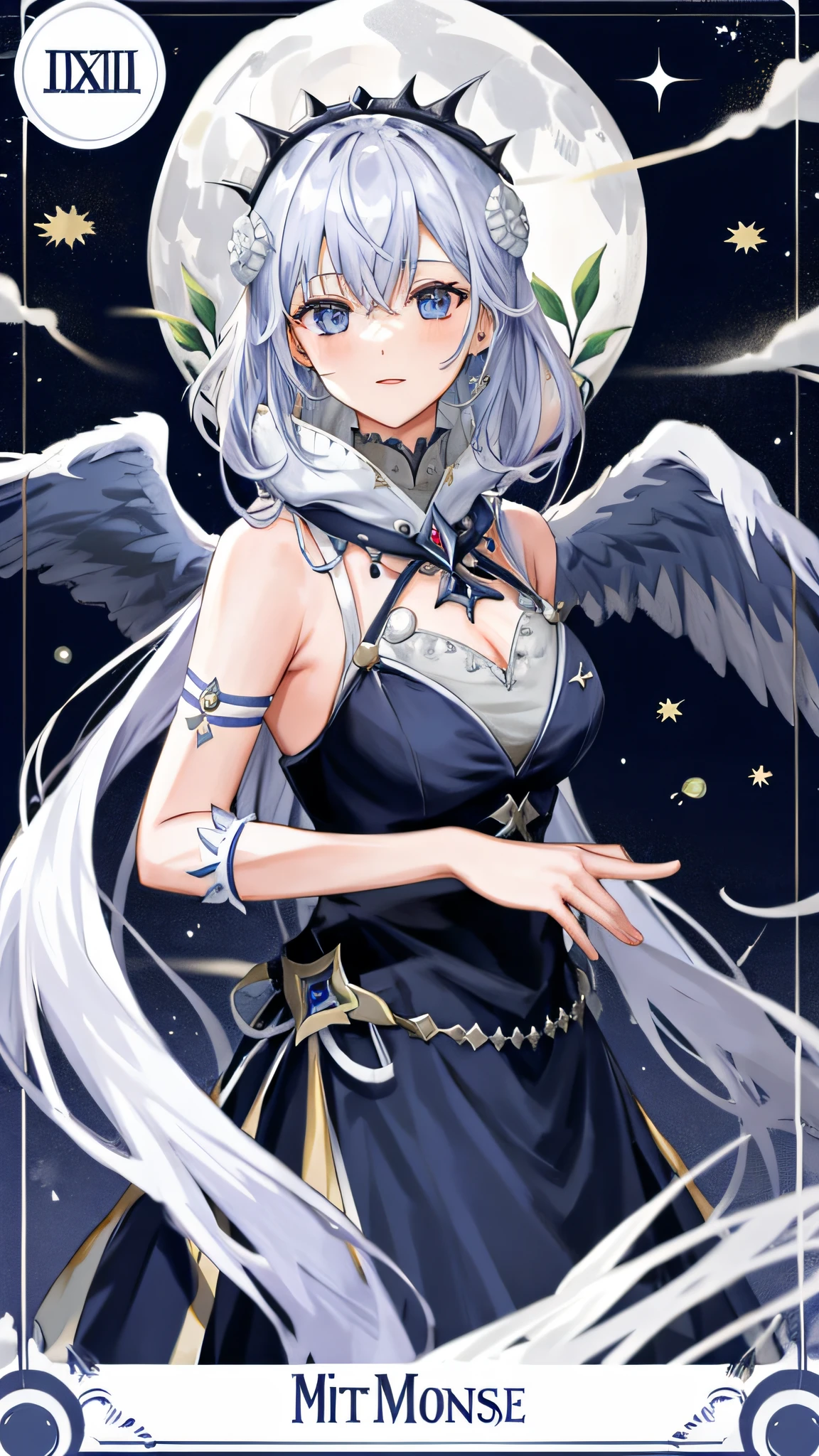 eine Nahaufnahme einer Frau mit einem Vogel auf dem Kopf, as a mystische Walküre, weißhaariger Gott, Engel Ritter Mädchen, wunderschöner himmlischer Magier, majestätischer Engel mit vollem Körper, Anime-Göttin, himmel hexe, silver wings, niedriger Engel, mystische Walküre, Astralfee, hochdetailliertes offizielles Kunstwerk, mit großen Flügeln, Anime-Fantasie-Illustration, großer weiblicher Engel, hochdetailliertes, exquisites Fanart