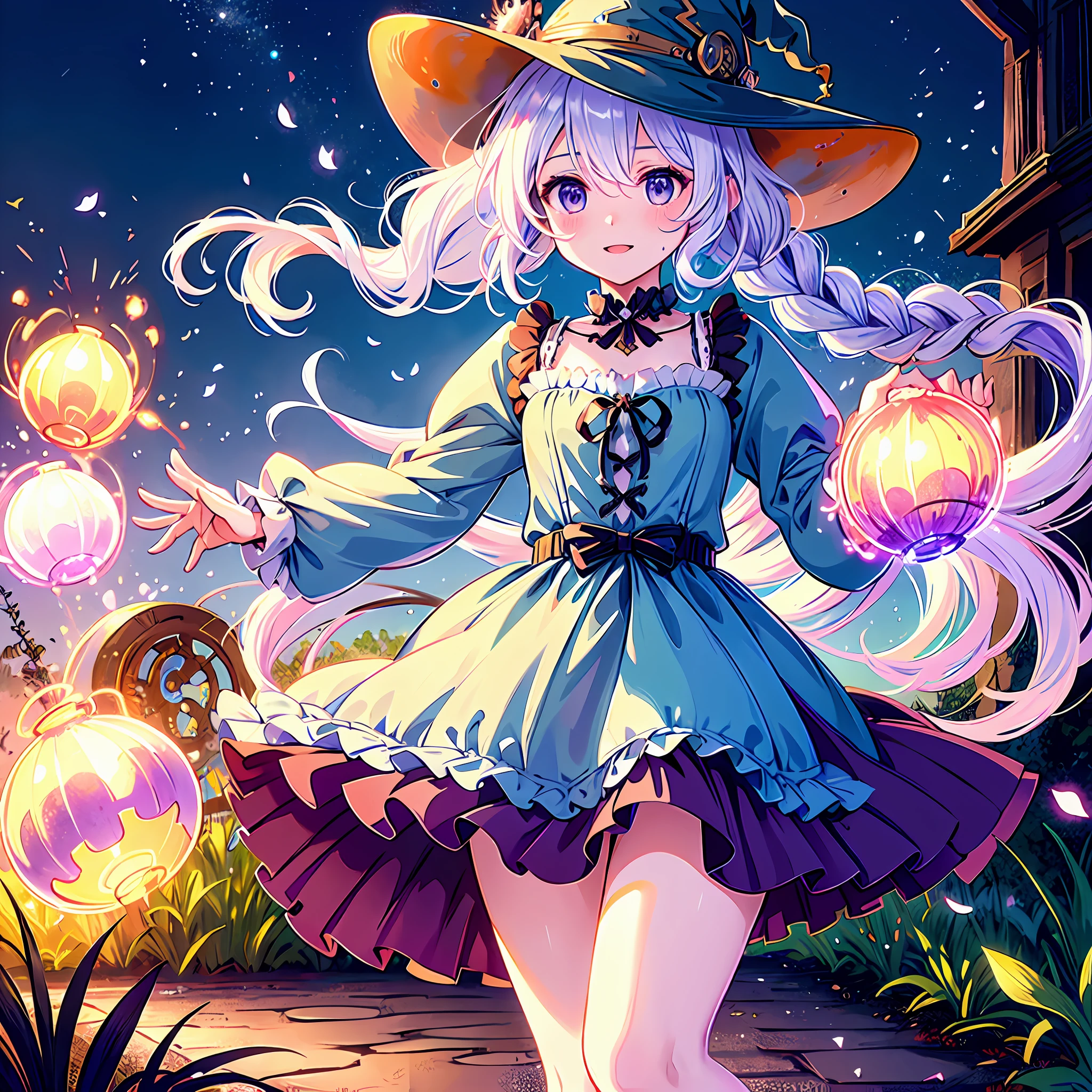 head portrait，little witch girl，The Witch，cloaks，Magic Array，The action of casting，Grotesque，Highest image quality，tmasterpiece，Beautiful CG，Delicate and intricate hair accessories 16k，Beautiful and moving girl，Hair fluttering，Eyes are pure and clear，Smiling slightly，Gorgeous and sophisticated Lolita dress，Close-up，Heads-up，Colorful，Witch hat，dual horsetail，Highest image quality，tmasterpiece，Beautiful CG，White twisted braid、long  skirt，Delicate and intricate crystal hair accessories，high light，The petals wither and fall off，Celebrate Halloween，Rich in graphics、Absolutely beautiful，Attractive cleavage，Impeccable，Dreamy retouching、hyper HD、16k，（++steampunc：1.9++）,white long curly hair，Jewel-like purple eyes，disconsolate，Exquisite and gorgeous dresses，Sense of brokenness，blossoms，highest  quality，tmasterpiece，A masterpiece，extreme hight detail，Peerless beauty，8K，Gorgeous light and shadows，Messy hair，sophisticated haircut，Delicate portrayal of facial features，Delicate hair portrayal，（Original Drawing），（++++++++Watercolor blending：1.1+++++++），flowy，Eau，foamy，steampunc,（+++Complete hands：2+++），（+Gear 1.9+），((((steampunc：2))))，((((Witch hat：2))))，steampunc，metals，(((Whole body diagram：1.9)))，Skeleton gear skirt brace，Large skirt，opulent，nobles，Delicately depicted hands，A masterpiece，4k画质，Extremely detailed portrayal，Extremely delicate picture，one-girl，（Princess dress），（（Crinoline skirt）），（White twisted braid），Wear a bow on your head，largeeyes，Purple eye，Gothic，（（Witch hat）），Waist seal，Gothic，Large skirt，adolable，a beauty girl，paper lanterns，Puff sleeves，Puffy skirt，full bodyesbian，Functional windproof jacket，steampunc，Background with（eventide，remnants，evening light