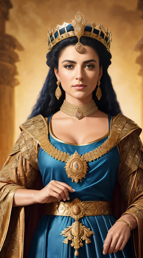 {A majestic Queen Artemisia I of Caria, her regal attire adorned with symbolic military embellishments, her stern gaze embodying...
