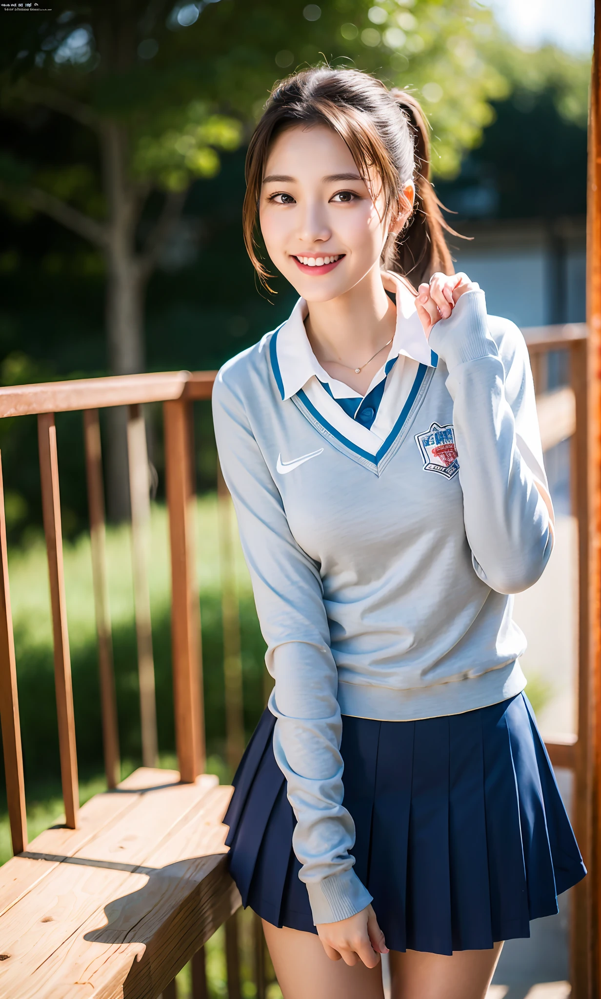wave her hand、skinny legs、poneyTail、Extraordinary Beauty、Cute face、The best smile、Cute smile、frontage、slender、straight haired、schools、ulzzang-6500-v1.1, (Raw foto:1.2), (Photorealsitic:1.4),　a beautiful detailed girl, extremely detailed eye and face, beatiful detailed eyes,  huge filesize,  hight resolution, ighly detailed, top-quality, ​masterpiece,  ((fullnude)),  ighly detailed, CG,  8k wallpaper, magnificent, finely detail,  top-quality、 Light on the face、light、16yo girl、