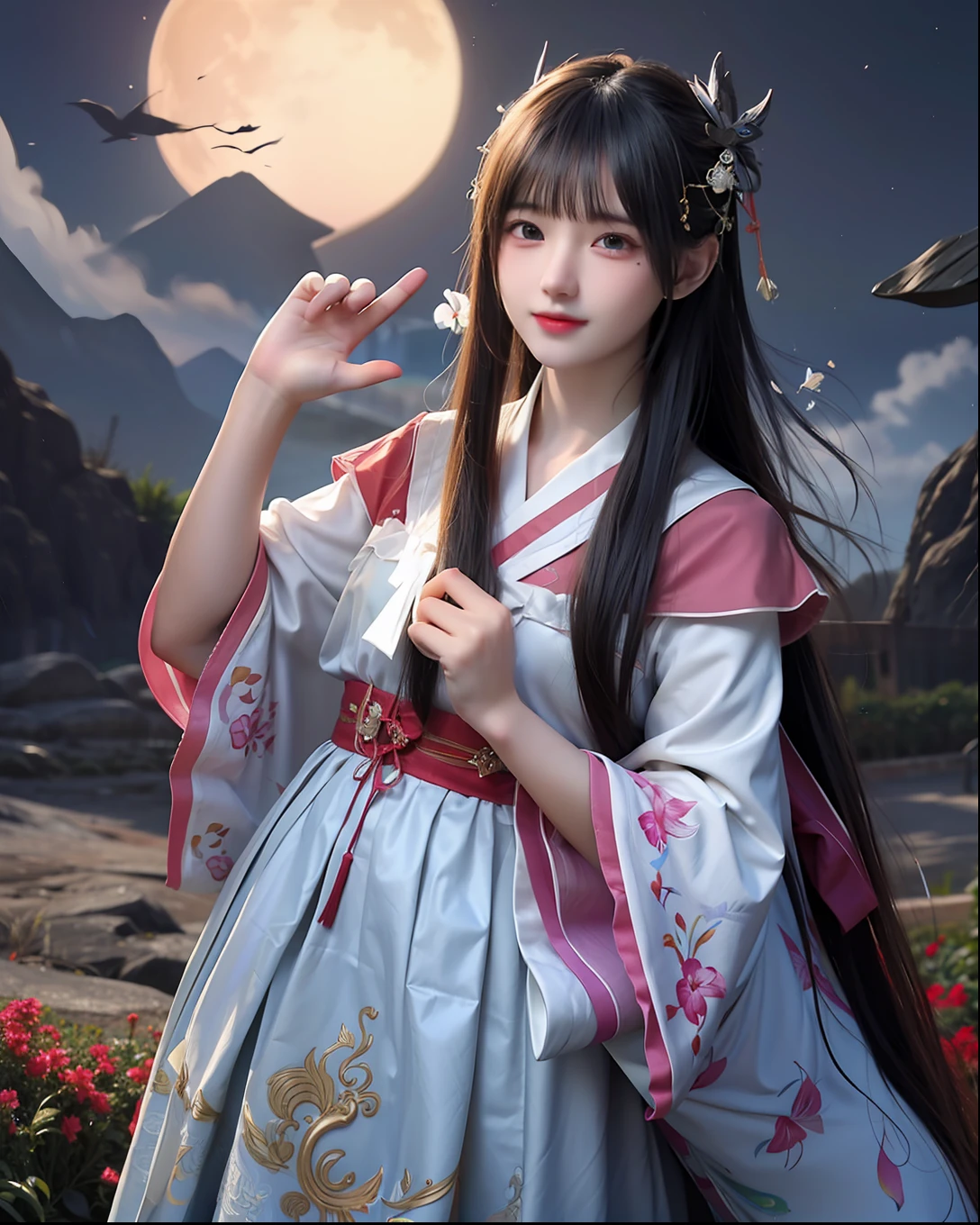 (8K, RAW photo:1.2), best quality, ultra high res,dramatic angle,(fluttered detailed color splashs), (illustration),(((1 girl))),(long hair),(rain:0.9), (Headdress:1.4),There is an ancient palace beside the girl,Hanfu,(Key Points),Color ink painting,(Splash of Color),Splash of Color,(((colorful))),(sketch:0.8) , Masterpiece, best quality, beautiful painted, highly detailed,(denoising:0.6),[splash ink],((ink refraction)), (beautiful detailed sky),moon,highly,detaild,(masterpiece, best quality, extremely detailed） CG unity 8K壁纸，masterpiece，best quality，Ultra Detailed），（Lycoris），