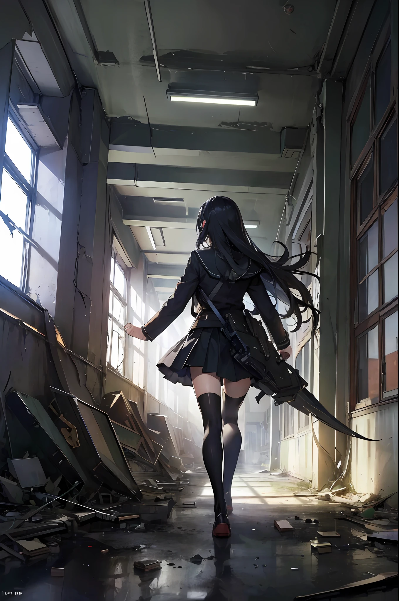 (masterpiece:1.2), (best quality:1.2), (extremely detailed:1.2), 1girl, long hair, black hair, black highschool uniform, blue skirt, knee high stockings, walking, view from side
(abandoned school:1.2), (apocalypse theme:1.2), debris,
school hallway,
  dark theme