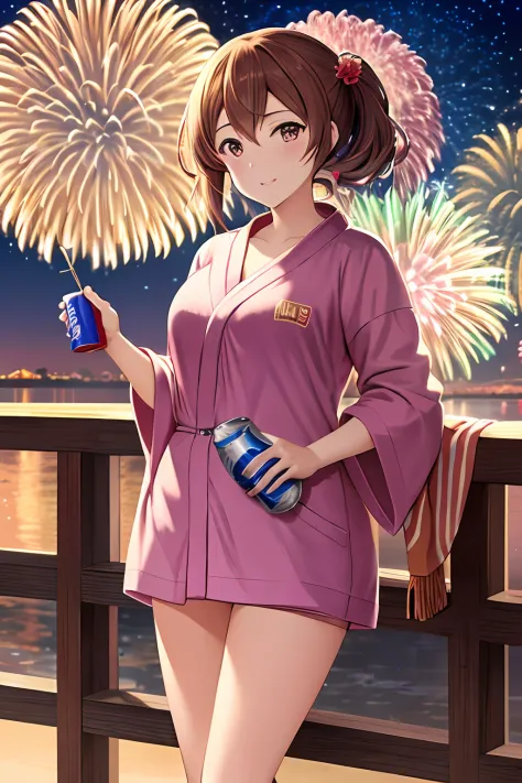 Anime beautiful girl in splash art style standing in front of fireworks, Holding a can of soda in your hand, The best quality 4K...