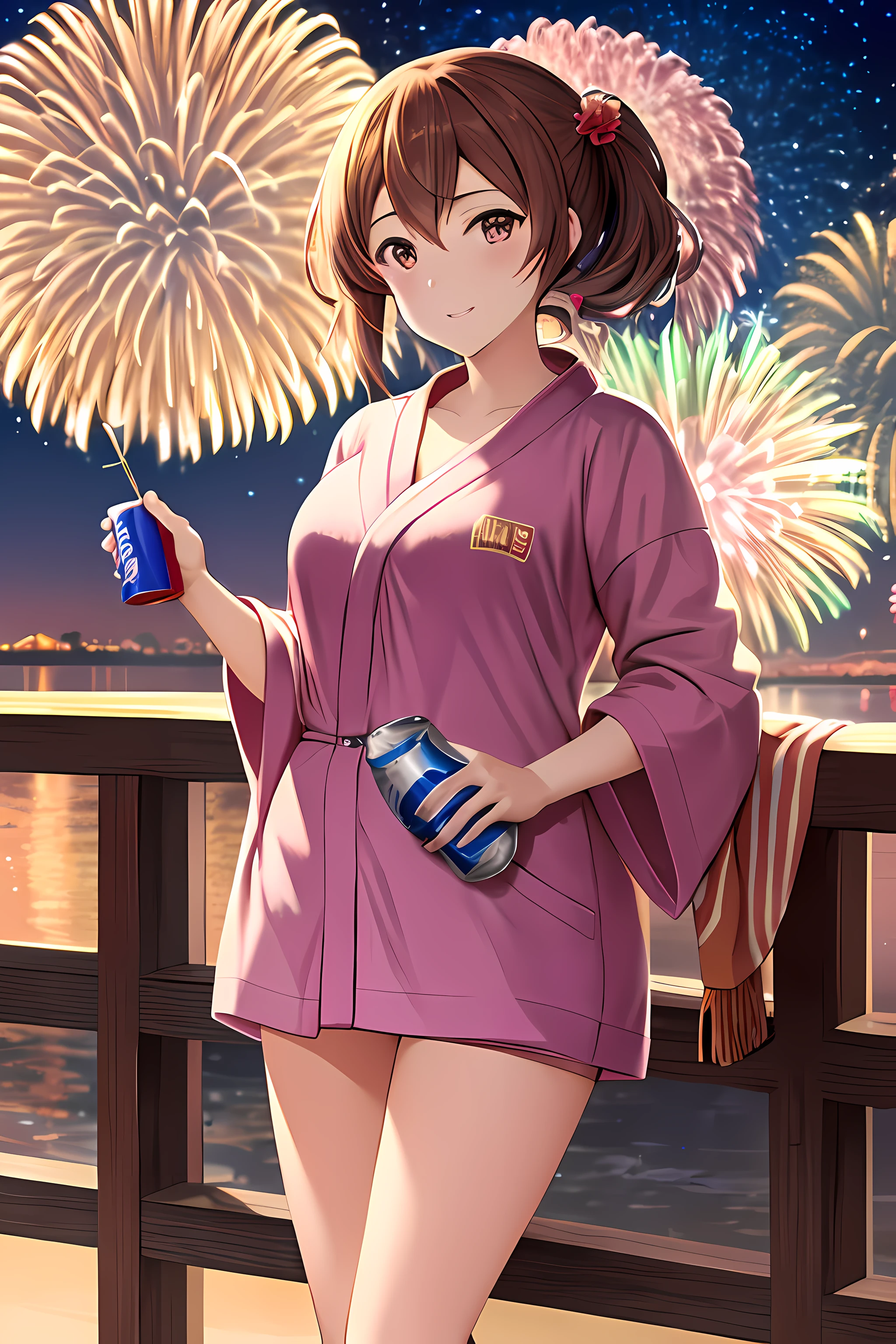 Anime schönes Mädchen im Splash-Art-Stil steht vor Feuerwerk, Eine Dose Limonade in der Hand halten, Das hochwertigste 4K Kona-chan-Hintergrundbild, Anime-Figuren trinken Energydrinks, Moe-Kunststil, Feuerwerk voller Himmel！, Schönes Mädchen im Stil der Kantai Collection, Shirobako, guweiz on pixiv artstation、Bademantel