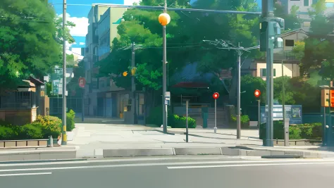 There is a street painting with traffic lights and stone walls, anime scene, Makoto Shinkai's style, Anime landscapes, Makoto Shinkai. —h 2160, studio glibly makoto shinkai, Shinkai sincerely, ( ( Makoto Shinkai ) ), kyoto animation still, Makoto Shinkai!