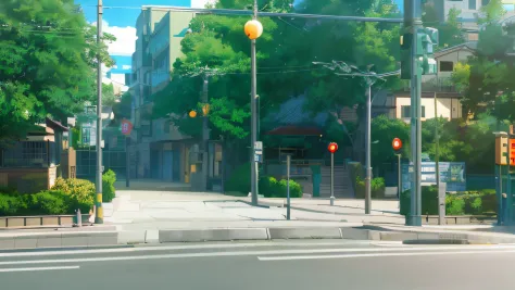 There is a street painting with traffic lights and stone walls, anime scene, Makoto Shinkai's style, Anime landscapes, Makoto Shinkai. —h 2160, studio glibly makoto shinkai, Shinkai sincerely, ( ( Makoto Shinkai ) ), kyoto animation still, Makoto Shinkai!
