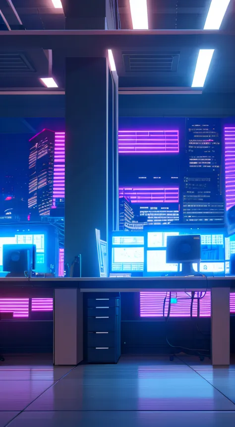 A office inside tall modern skyscraper, all computers turned on, neon lights, night time, cyberpunk style,
