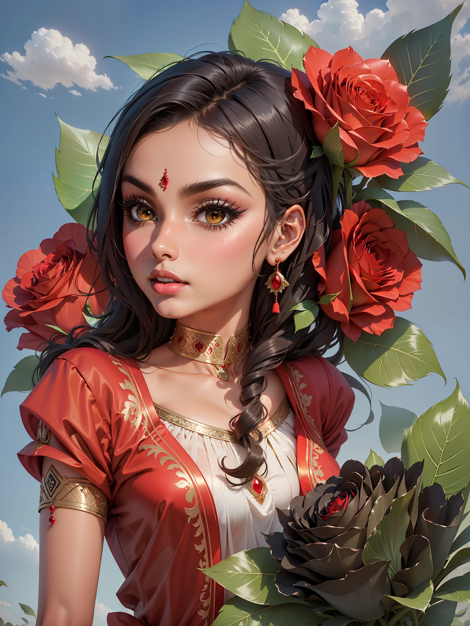南亞女孩, 獨自的, 1個女孩, 巴基斯坦性感女孩，臉蛋可愛, 黑眼睛, 紅色的 shalwaar kameez, 玫瑰, 紅色的 玫瑰, black 玫瑰, 綠葉, 小麥, 詳細的, 紅色的 suit, 紅色的, 平坦的背景, 天藍色背景
