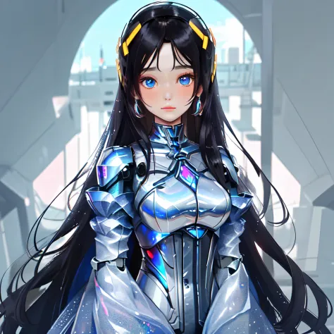 best quality, masterpiece, ultra high res, 1girl, upper body, black hair, holographic, looking at viewer, very long hair, city, ...