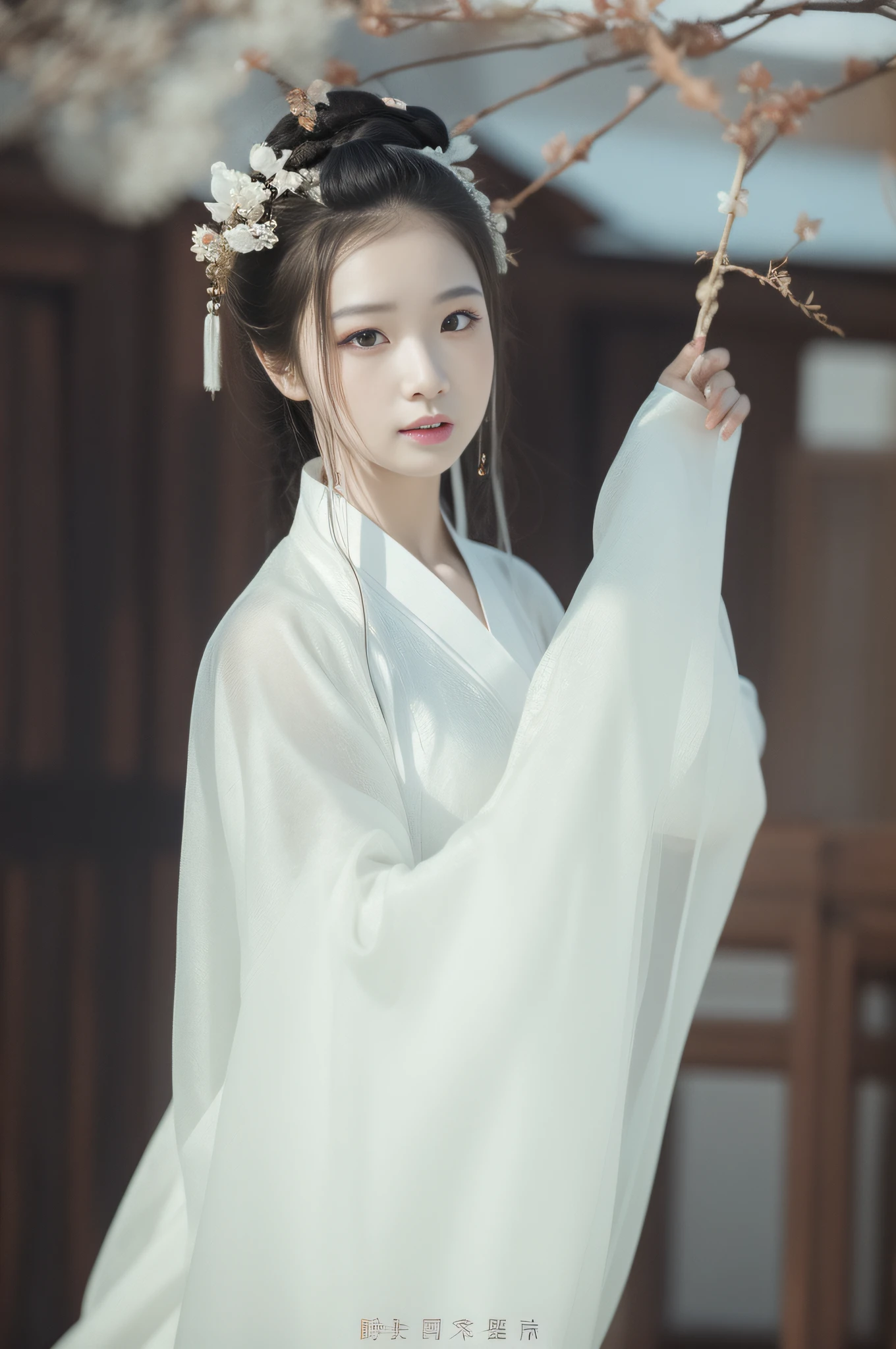 An Arad woman in a white dress holds a branch, White Hanfu, Palace ， A girl in Hanfu, Hanfu, Wearing ancient Chinese clothes, with acient chinese clothes, Traditional Chinese clothing, beautiful Korean women, Hanbok, flowing white robe, Chinese girl, wearing long white togas, wearing white silk robe, Chinese costume