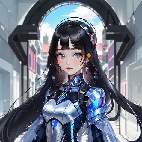 best quality, masterpiece, ultra high res, 1girl, upper body, black hair, holographic, looking at viewer, very long hair, city, ...