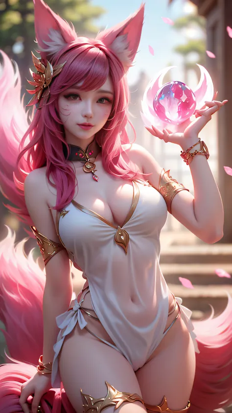 Super beautiful shining eyes、Face lighting,Bright backlight,medium breasts,超A high resolution,Best Quality,Photos,4K,(Realistic:1.2),
1 girl,Cute,Cosplay,ahri (League of Legends),Looking at Viewer,(Moderate breasts:1.1),Nine Tails,long ears,Green eyes,(Lon...