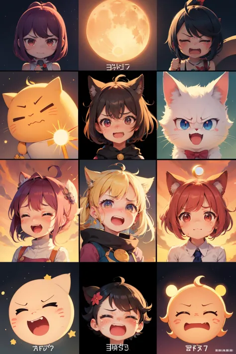 multiple poss and expressions,happy,angry,sad,cry,cute,sun,moon