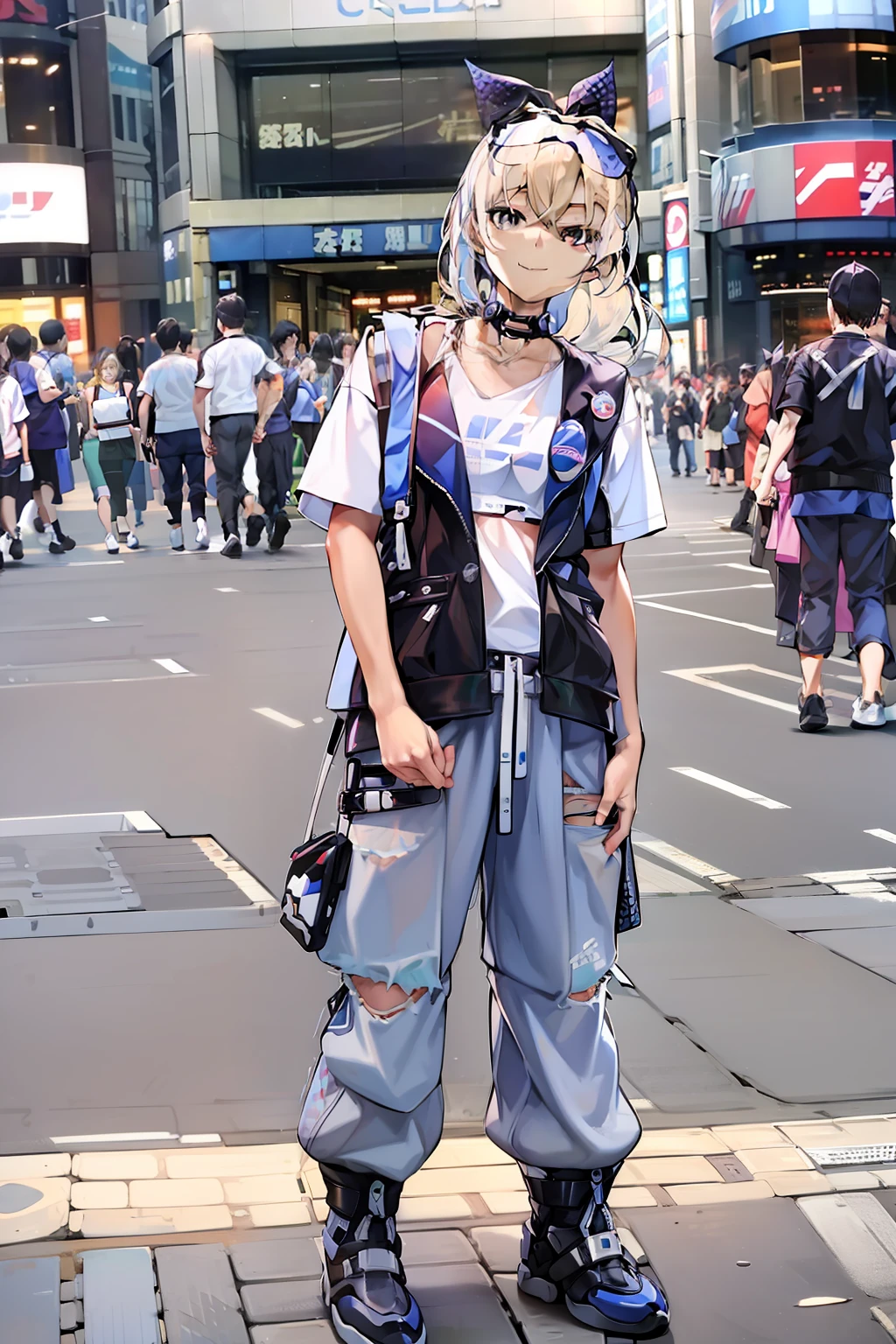 Belle femme cheveux mi-longs、détesté、cyberpunk、un carré court、une blonde、Bonnet tricoté d&#39;été blanc、 Oeil étrange、oeil droit bleu、Oeil gauche vert、Gilet en cuir bleu、T-shirt long blanc、Pantalon cargo blanc、bottes d&#39;ingénieur noires、casque de musique、Portait une épée sur le dos Japon、Sprint、Devant la gare de Shibuya、la nuit、Bouts des doigts bien formés des deux mains、Tout le corps comme、Colossal 、un sourire、Tends-nous ta main gauche