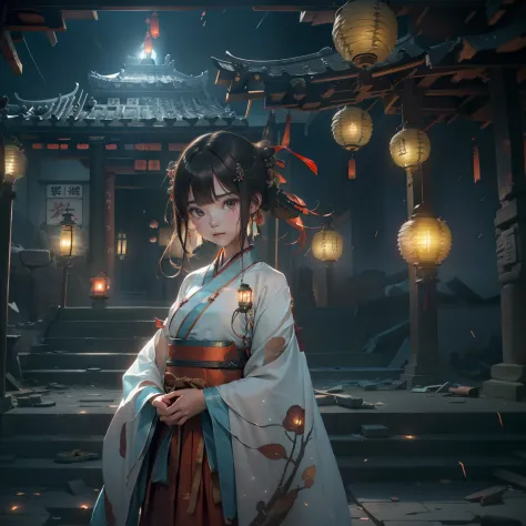 Very cute girl,G Cup Breasts,(Hanfu:1.6),(Hunfu skirt:1.3),(Bewitching:1.5),(The light of the mysterious lanterns shines:1.4),16...