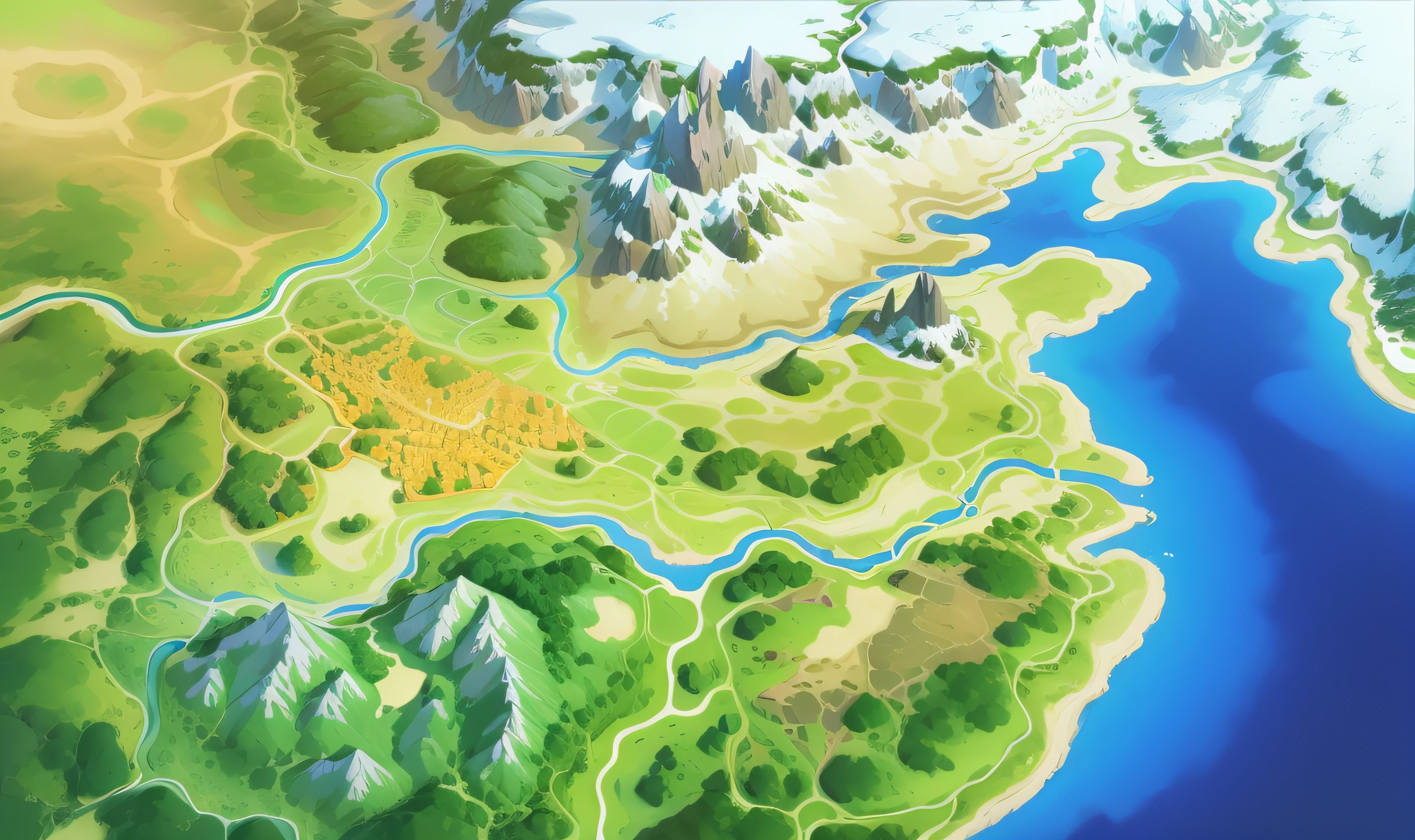 melhor qualidade, obra de arte, foto aérea, arte conceitual de meio ambiente, Ambiente de jogo, isométrico, (vista aérea), (terrascape illustration of vista aérea, montanha, rio, estrada, terra, mar), obra-prima, (estilo de renderização de anime), (beautiful vista aérea), obra de arte bela (Renderização superdetalhada), (melhor qualidade)