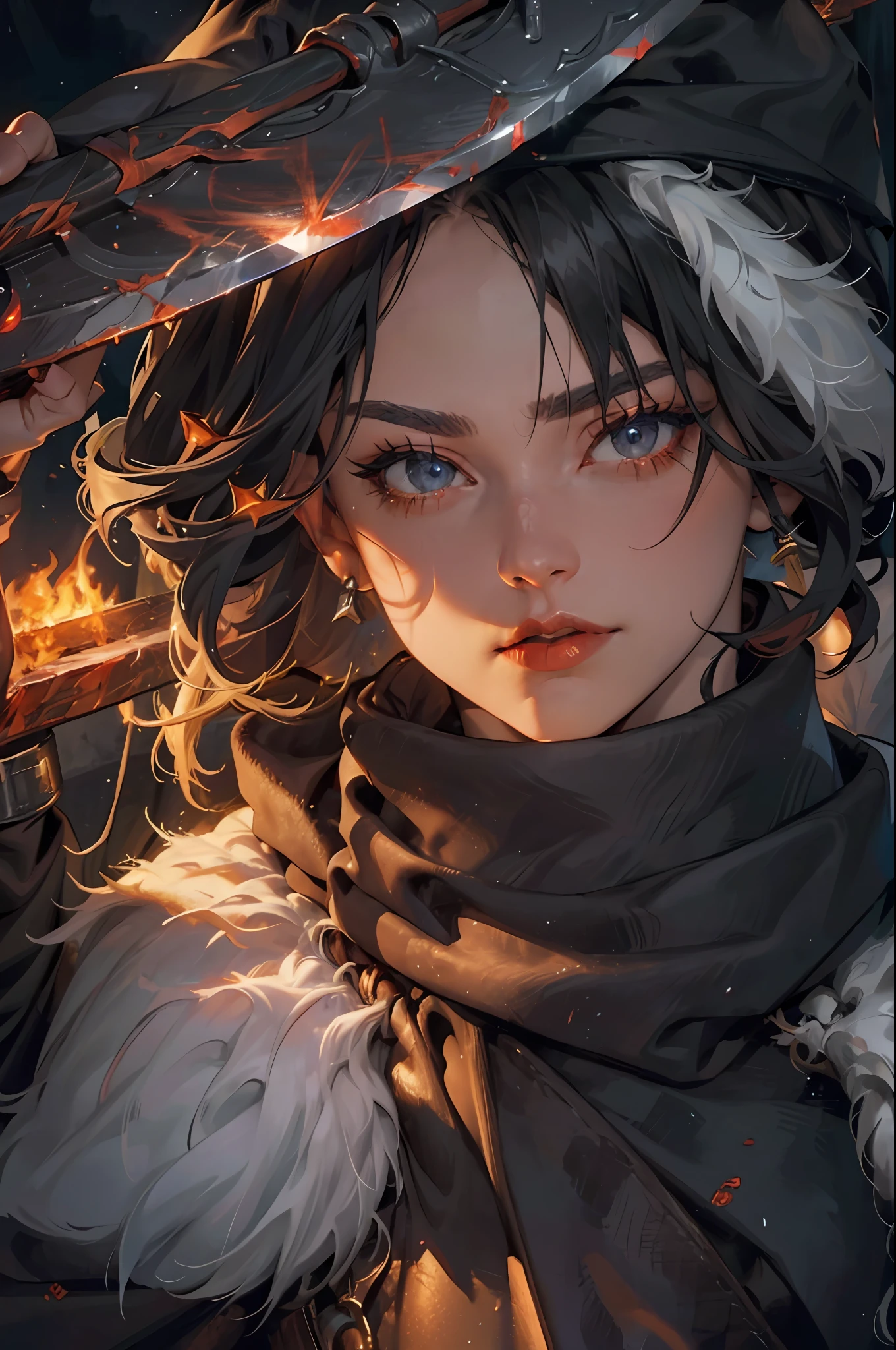 fantasy , winter, fire ,night, , 1girl, solo ,waist-up ,close-up, fur trim, midriff, muscular female, berserker, holding axe, blood,serious, looking at viewer, cape