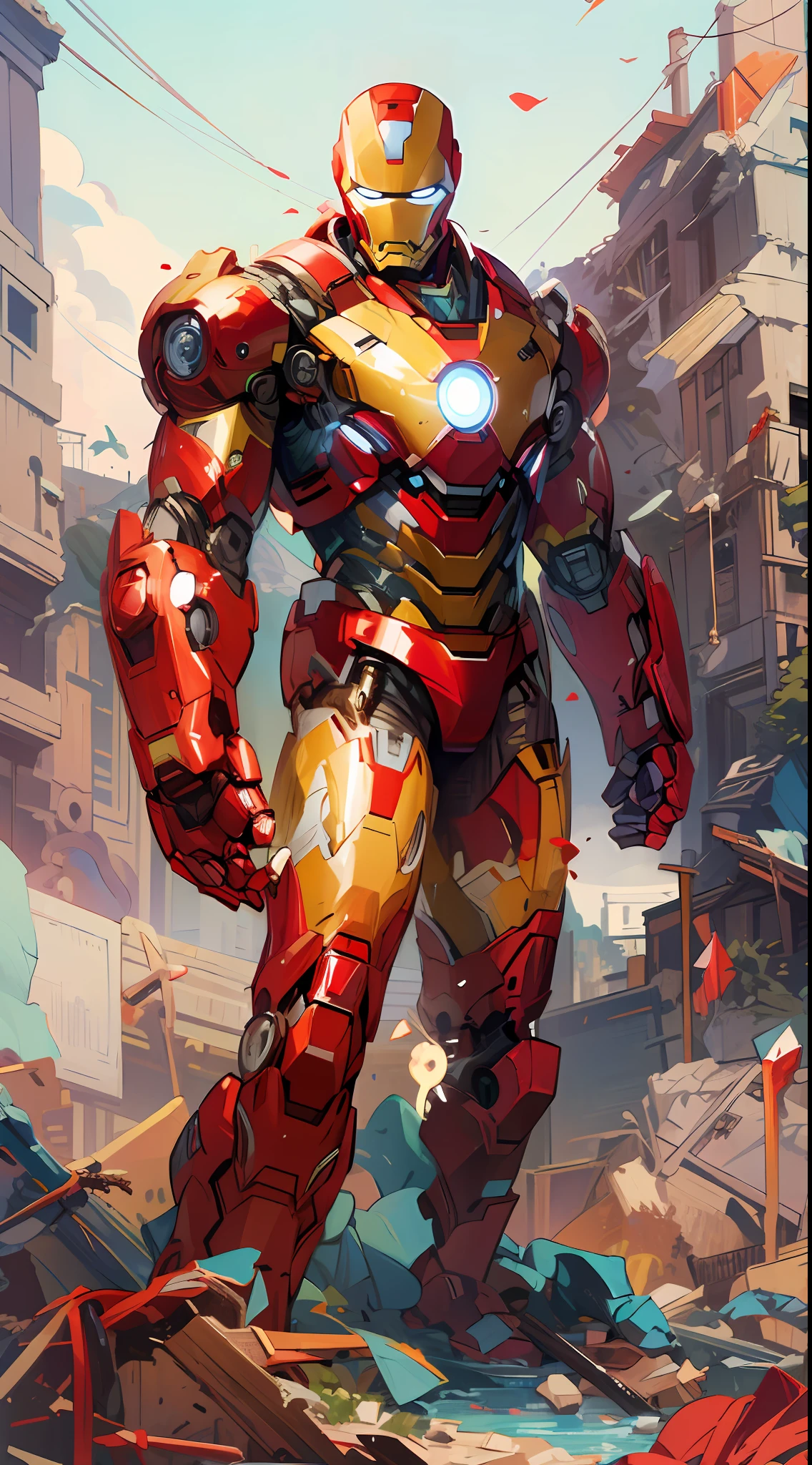 hyper HD, Masterpiece, Anatomically correct, ccurate, Textured skin, Super detail, High quality, High details, Award-Awarded, Best quality, A high resolution，Iron Man stands on the ruins of destruction,