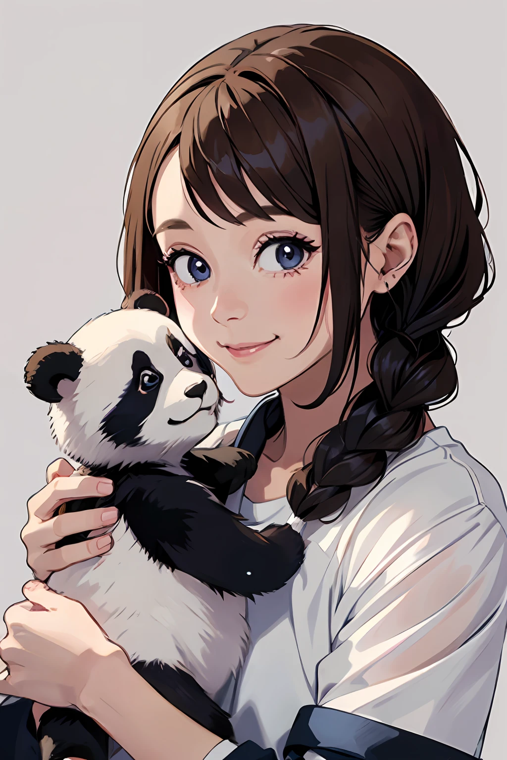 1 girl in、Panda keeper、Holding a baby panda、Bust shot taken for proof、No background、Light brown hair、Side braid with small ornament、Blue eyes、He is looking at us with a happy smile.