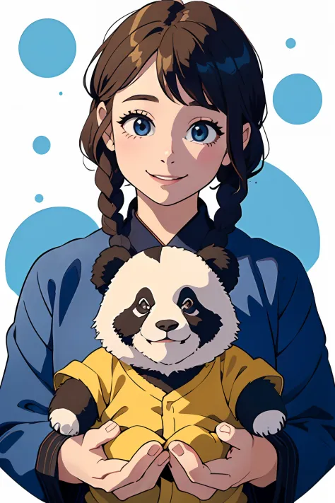 1 girl in、Panda keeper、Holding a baby panda、Bust shot taken for proof、No background、Light brown hair、Side braid with small ornam...