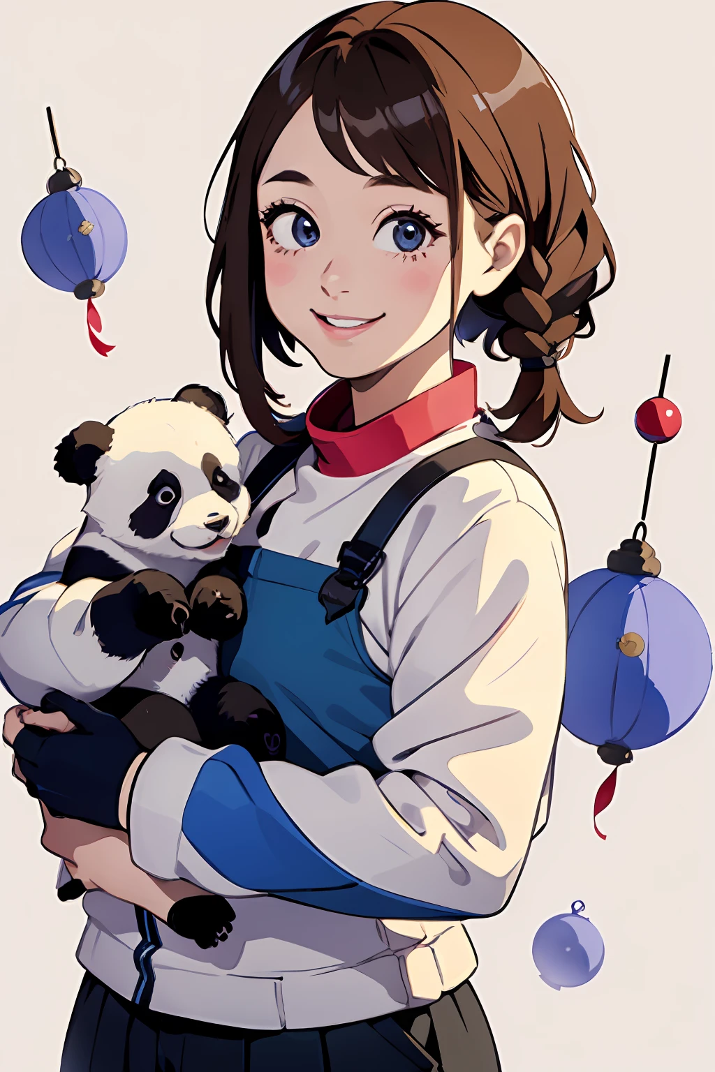 1 girl in、Panda keeper、Holding a baby panda、Bust shot taken for proof、No background、Light brown hair、Side braid with small ornament、Blue eyes、He is looking at us with a happy smile.