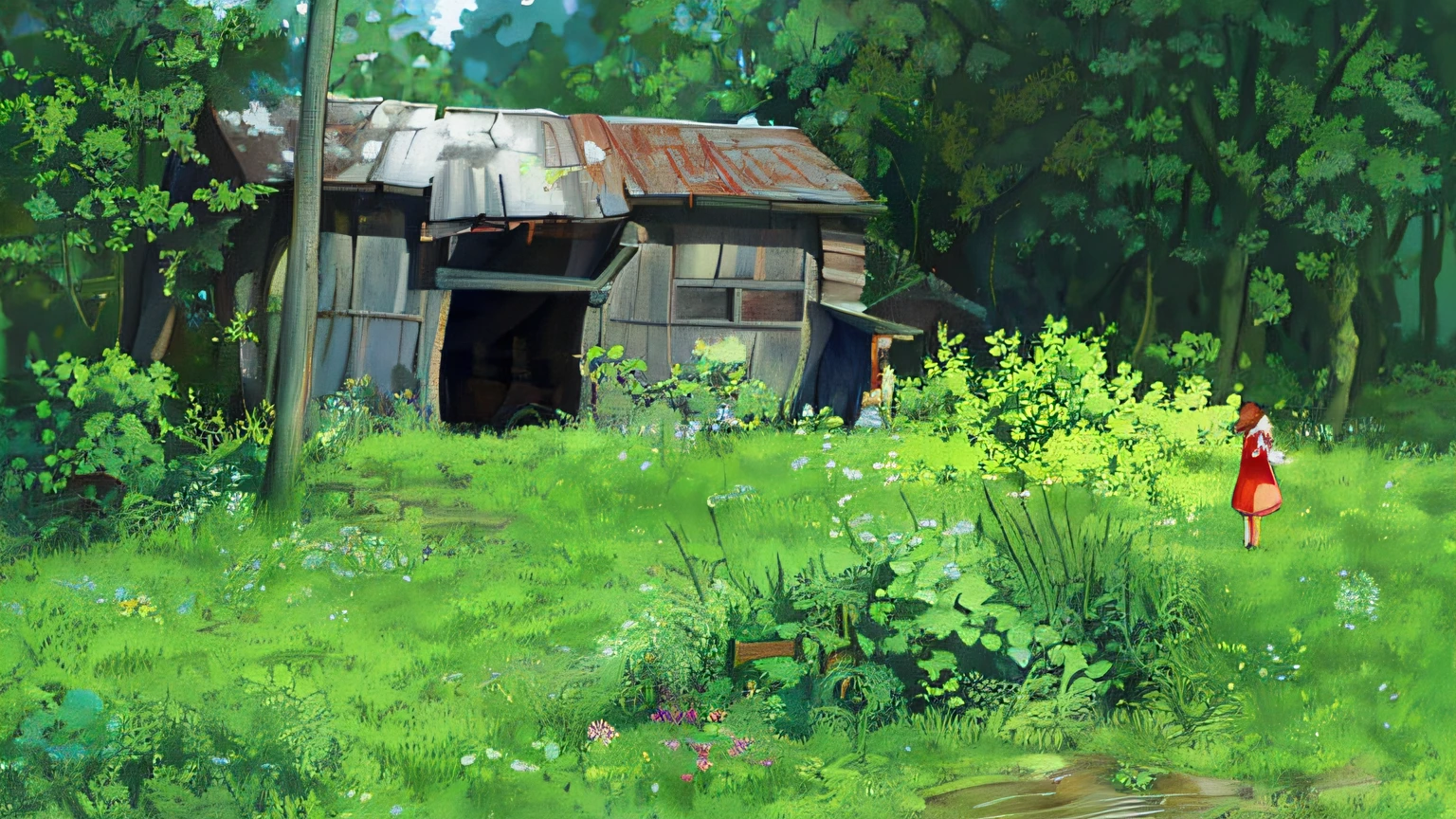 Pintando a una mujer con un vestido rojo de pie frente a una cabaña, Entorno del Estudio Ghibli, arte conceptual suave de estudio ghibli, paisaje de campo anime, dibujado en el estudio de pintor de anime, Vista del Estudio Ghibli, arte conceptual del estudio ghibli, estudio cinematográfico ghibli todavía, Estudio Ghibli estilo pictórico, arte del estudio ghibli, pintura mate gouache, estilo artístico del estudio ghibli, hecho con estudio de pintor anime