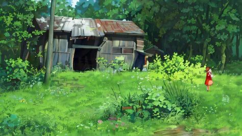 painting a woman in a red dress standing in front of a shack, ghibli studio environment, studio ghibli smooth concept art, anime...