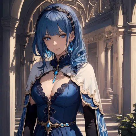 masterpiece, best quality, 1woman adult, female focus, solo, blue hair, vibrant blue eyes, long hair with fringe, looking at viewer, closed mouth, bangs, Fantasy aesthetics, fantasy earring, Highly detailed, shadowverse style, detailed outfit, cape, coat, ...