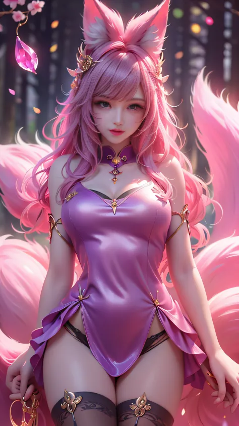 Super beautiful glowing eyes、Face lighting,Bright backlight,medium breasts,超A high resolution,Best Quality,Photos,4K,(Realistic:1.2),
1 girl,Cute,Cosplay,ahri (League of Legends),Looking at Viewer,(Moderate breasts:1.1),Nine Tails,long ears,Green eyes,(Lon...