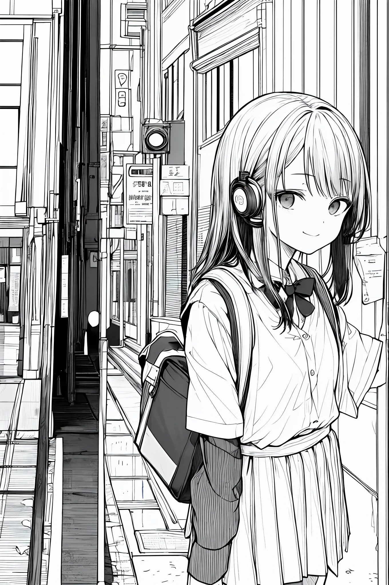 ​masterpiece, top-quality, 1girl in, Uniforms, A slight smil, a school bag, A dark-haired, Black eyes, cyberpunked, a street, monochromes, line-drawing、iced