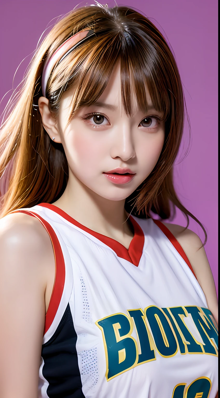 (​masterpiece, top-quality, a beauty girl, kawaii faces:1.5), Casual Hair, (The upper part of the body, bangss:1.2), Small waist, (Simple background:1.4),  A clear day:1.2, shorth hair, face lights, 8K, Official art, Raw foto, incredibly absurdness, depth of fields, Look at viewers, A hyper-realistic, hight resolution, a picture, film grains, chromatic abberation, foco nítido, Bokeh background、Dynamic lighting、highest details、ighly detailed、ultra-detailliert、detaile、extremely detailed eye and face,large full breasts,Basketball Club,In basketball,Basketball court,Basketball Uniforms
