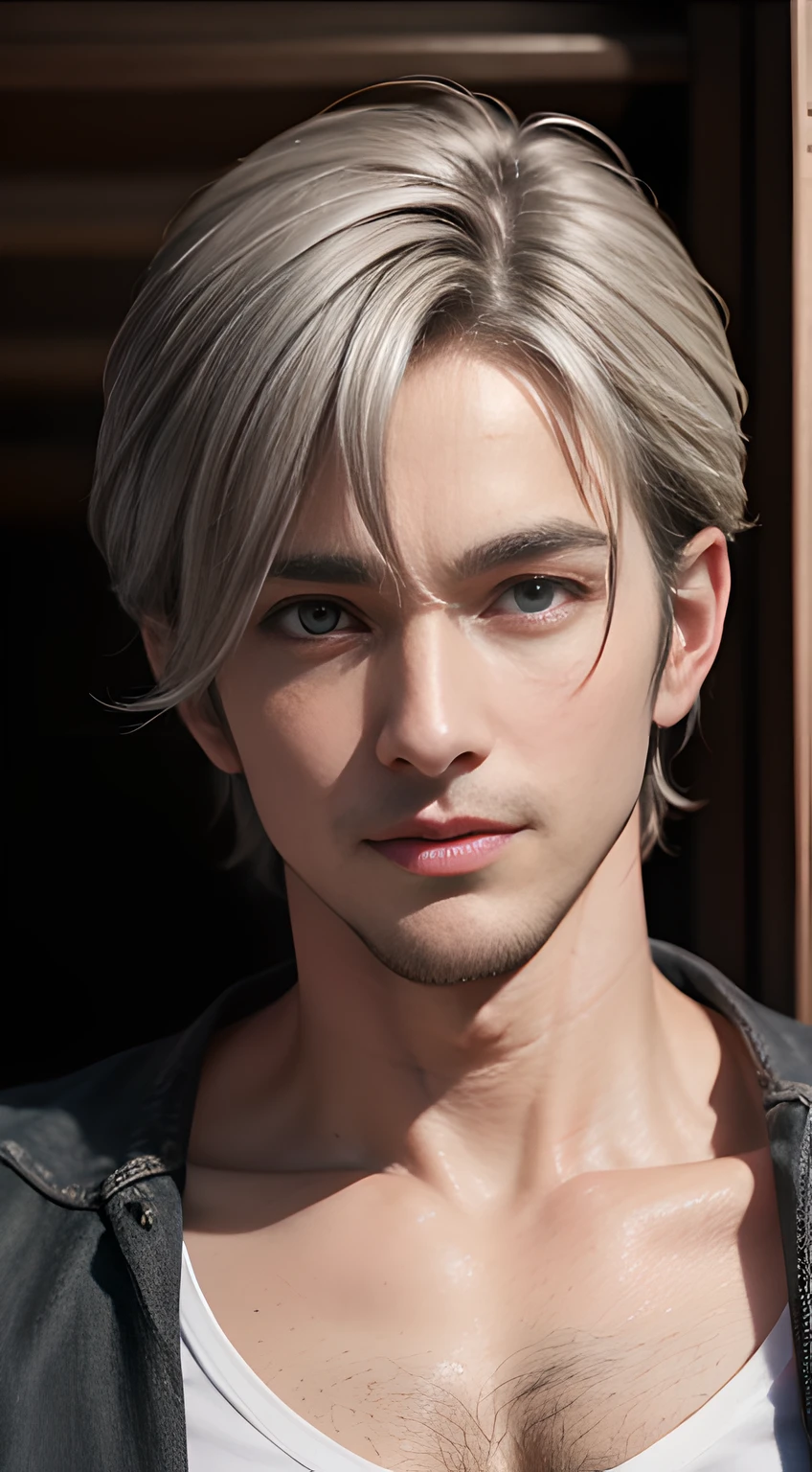 ((Men only)), (cowboy shot), (Handsome muscular man in his 30s),  Leon Kennedy, gray hair, Mischievous smile, (detaile: 1 in 1), Natural muscles, HIG quality, beautidful eyes, (Detailed face and eyes), (Face、: 1 / 2), Noise, Real Photographics、... ..................................................................................................PSD, Sharp Focus, High resolution 8K, realisitic & Professional Photography, 8K UHD, Soft lighting, High quality, Film grain, FujifilmXT3