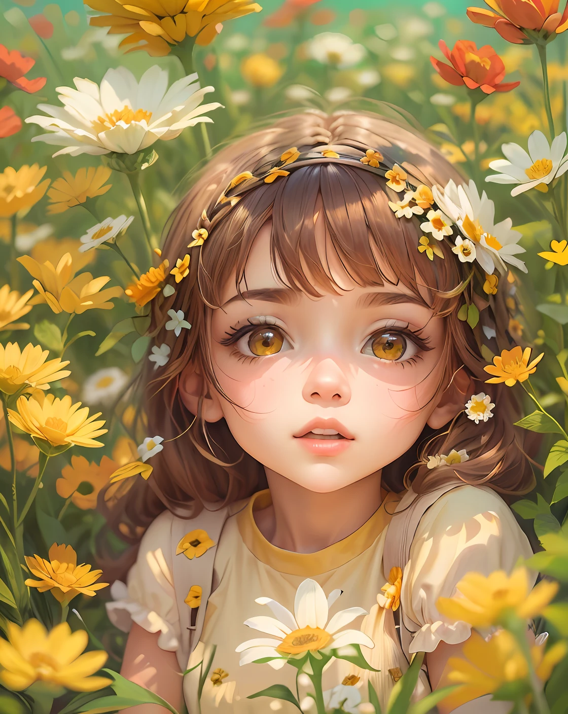 um close up de uma pessoa sentada em um campo de flores, sentado em um campo de flores, menina sentada em um campo de flores, sentado com flores, menina em um campo de flores, menina nas flores, em um campo de flores, menina anime girassol bonita, em um campo com flores, menina em um leito de flores, com flores amarelas ao redor