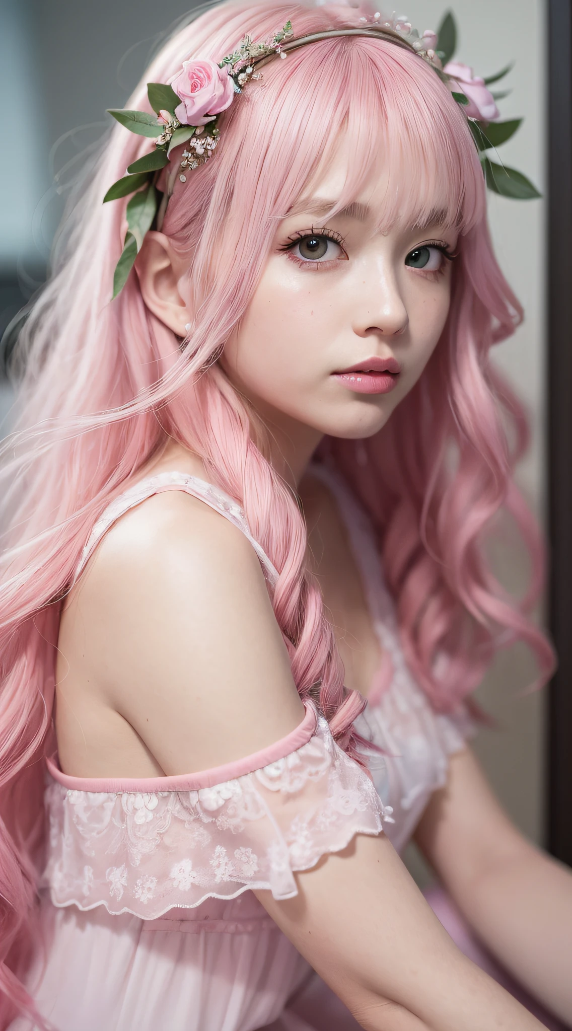 Curly hair，(((Sitting in a pink car)))，long whitr hair，Barbie style girl with pink hair and pearl headband, Magical Circle, Transparent dress, Erotic, pretty eyes, Staring, Sink Eyes, Smile, topaz colored eyes, pale eyebrows, belle delphine, 15 years old, Fantastic, Long flowing pink hair, Light pink lips, silky white skin tone, Pale pink hair, Fairy, mysterious, pink straight hair, fairy core, pale fair skin, Pink pastels, High definition, Studio lighting, Cute realistic portrait, Japan person, Long pink hair, Pink girl，