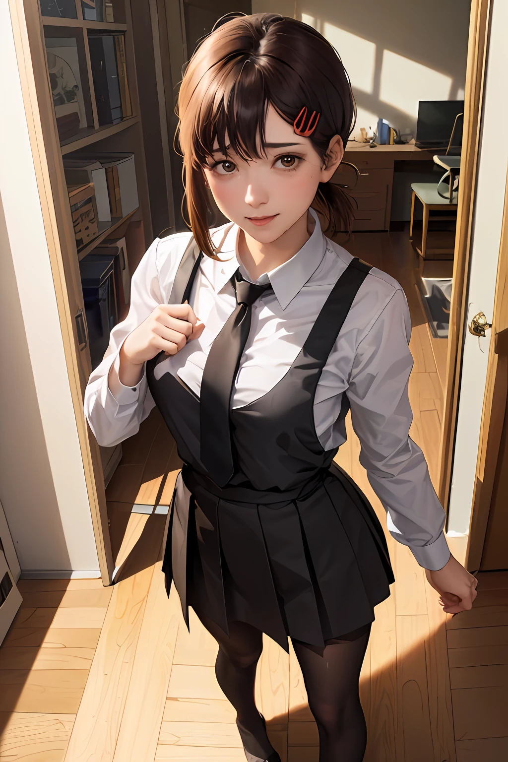 masterpiece, best quality, ultra-detailed, illustration, epic lighting, cinematic composition, isometric, full body view, feet in view, 1girl, solo, cute, brown eyes, black hair, swept bangs, single sidelock, red hairclip, white collared shirt, black necktie, black skirt, pantyhose, no shoes, formal, enchanting gaze, captivating pose, indoors, office, door, opening door, looking at viewer, peeking out upper body, blush, seductive smile, closed mouth,(8k:1.1),
