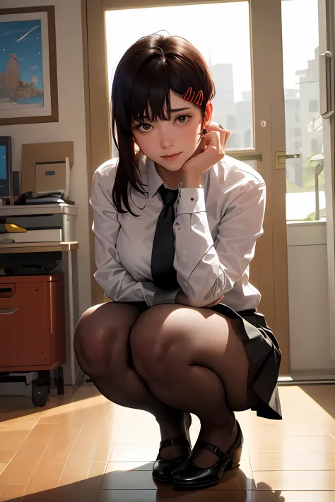 masterpiece, best quality, ultra-detailed, illustration, epic lighting, cinematic composition, isometric, full body view, feet in view, 1girl, solo, cute, brown eyes, black hair, swept bangs, single sidelock, red hairclip, white collared shirt, black neckt...