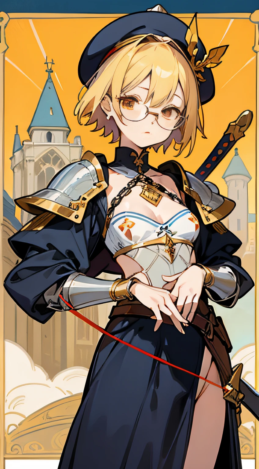 （Marco）,Perfect ,don quixote \(limbus company\, Naked、Blonde hair, a beauty girl、eye glasses、middlebreasts、Short hair, hair between eye, Orange Eyes、String bra、pierced nipple、Chain scientist hat from the nipple、Basketball Hand、armor、`She has a book and a sword、(Bachelor's degree in Medieval Europe )､Cowboy style、hiqcgbody