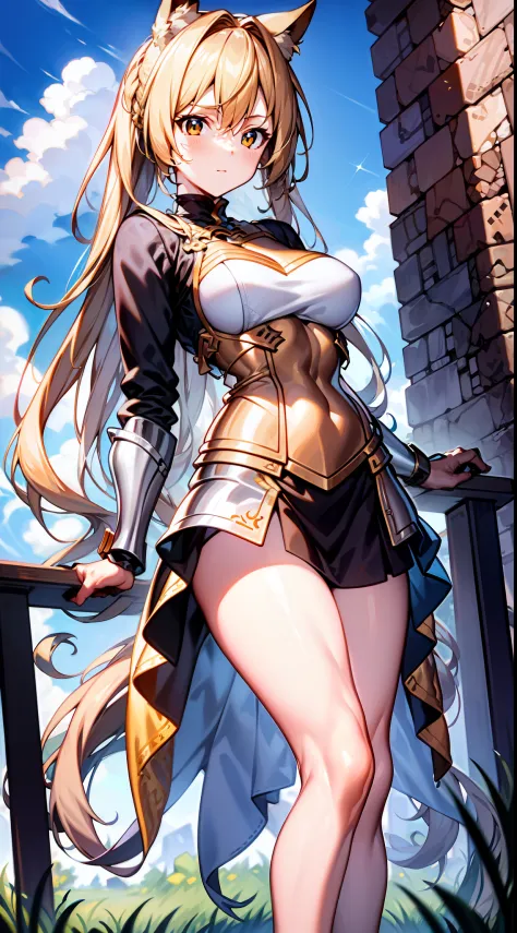 Masterpiece, Best quality, high resolution, Solo, 
1girll, blond hairbl, Yellow eyes, pony tails, Animal ears, Tail, 
Original costume 2, a white long skirt, Armor,  sword, A shield,
